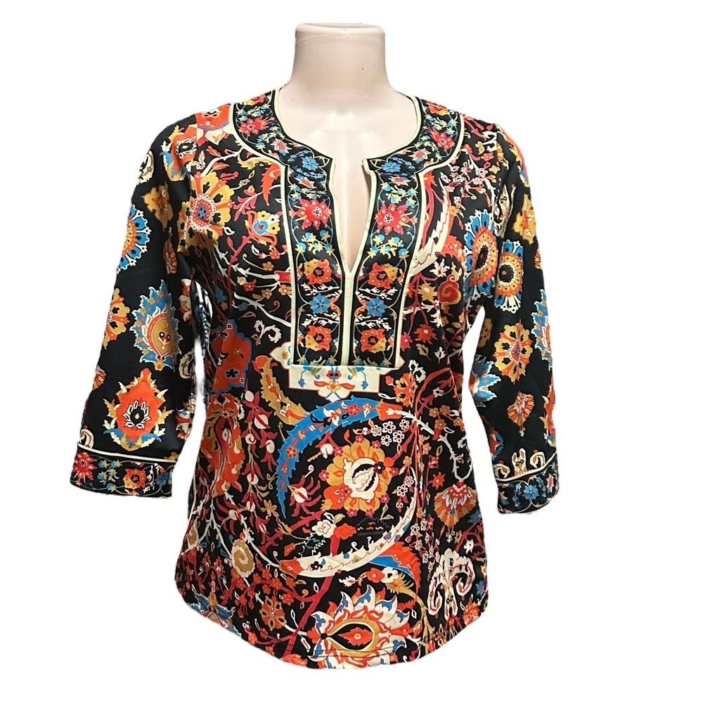 Gretchen Scott Paisley Tunic Top Boho Chic 3/4 Sleeve Blouse Size M Colorful